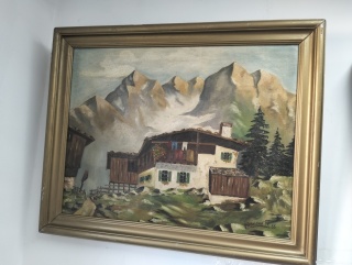 Obraz olejny domek w górach 76x62.