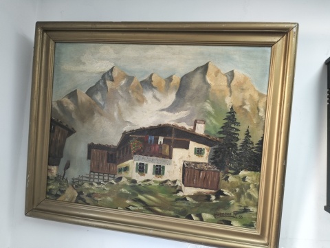 Obraz olejny domek w górach 76x62.