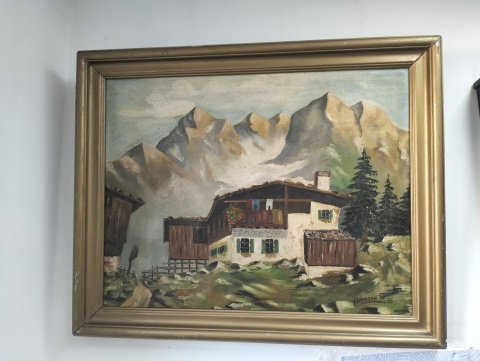 Obraz olejny domek w górach 76x62.